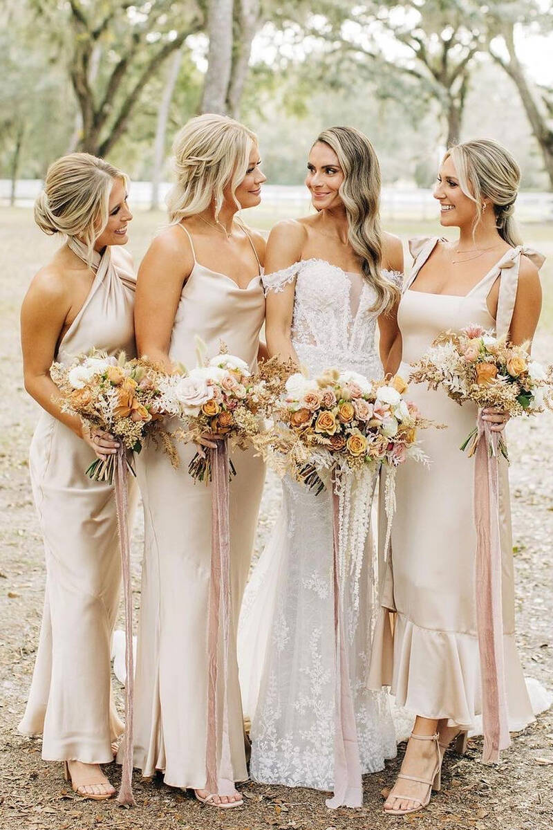Formal Women's Dresses/Elegant Champagne Long Mismatch Bridesmaid Dress